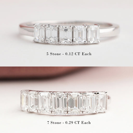five and seven stone emerald cut lab diamond wedding bands with 2 different carats