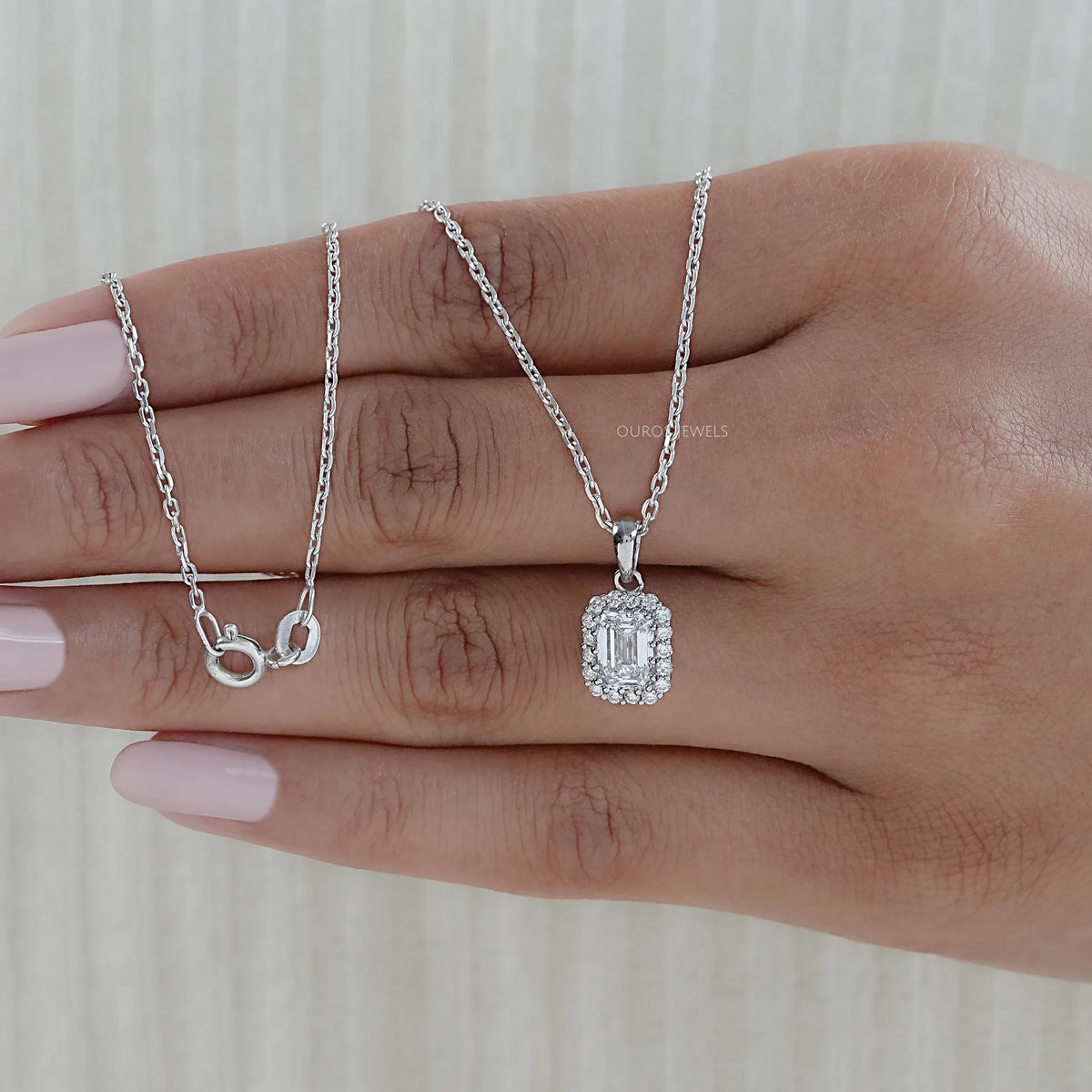Emerald Cut Lab Grown Diamond Halo Pendant Necklaces