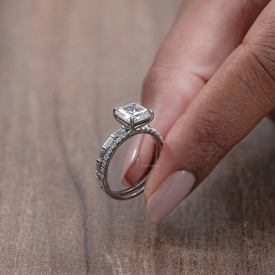 Asscher Lab Diamond Solitaire Accent Bridal Ring Set Rings
