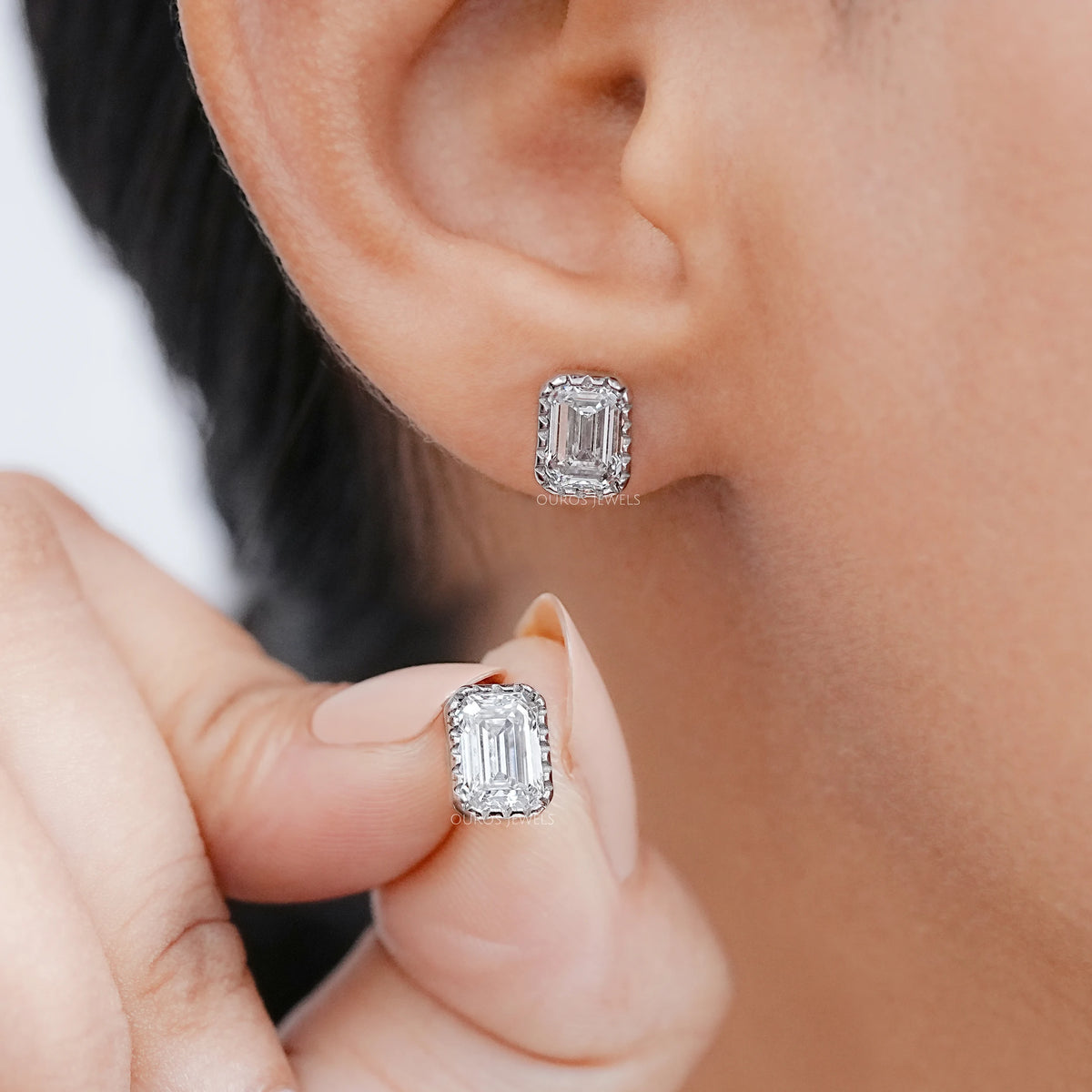 Emerald Cut Lab Diamond Milgrain Set Stud Earrings Earrings