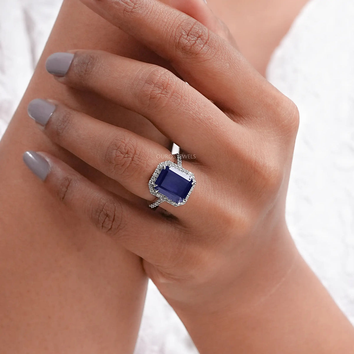 Sapphire Emerald Halo Engagement Ring
