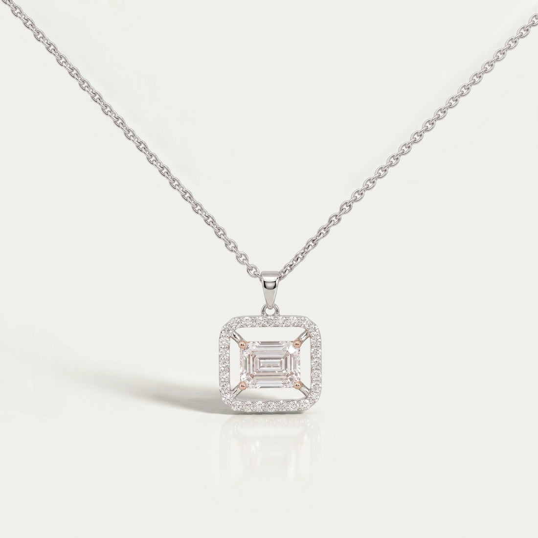 Emerald Cut Lab Grown Diamond Halo Pendant Necklaces