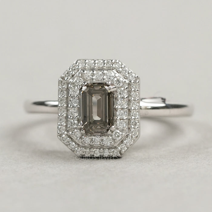 Olive Emerald Cut Double Halo Lab Diamond Ring 