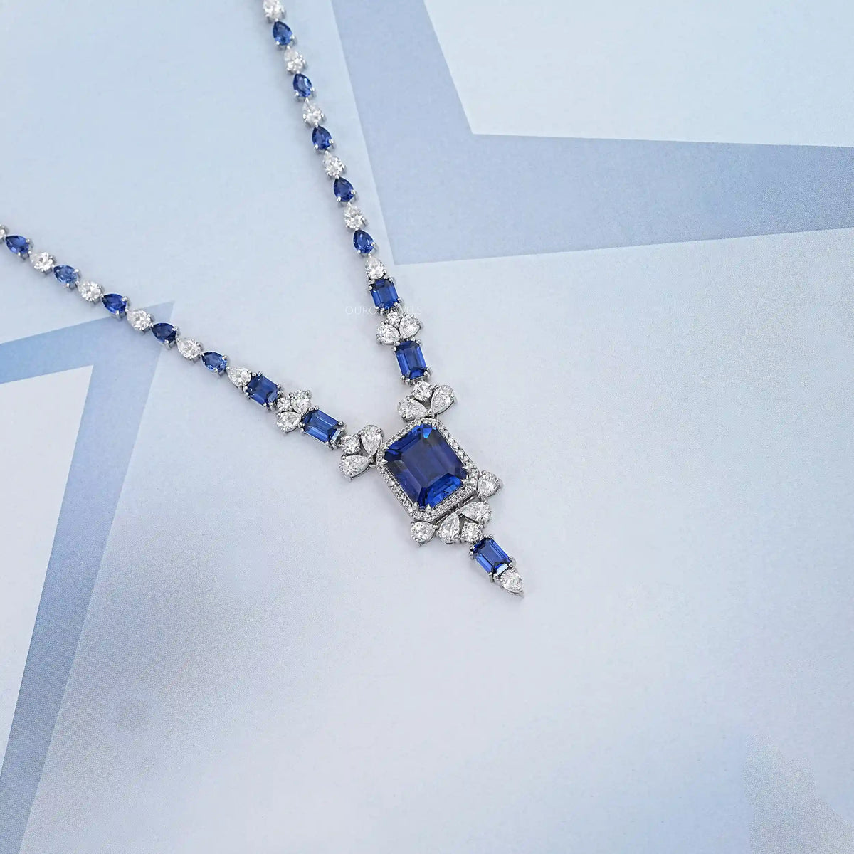 Sapphire Emerald Cut And Diamond Necklace Necklaces