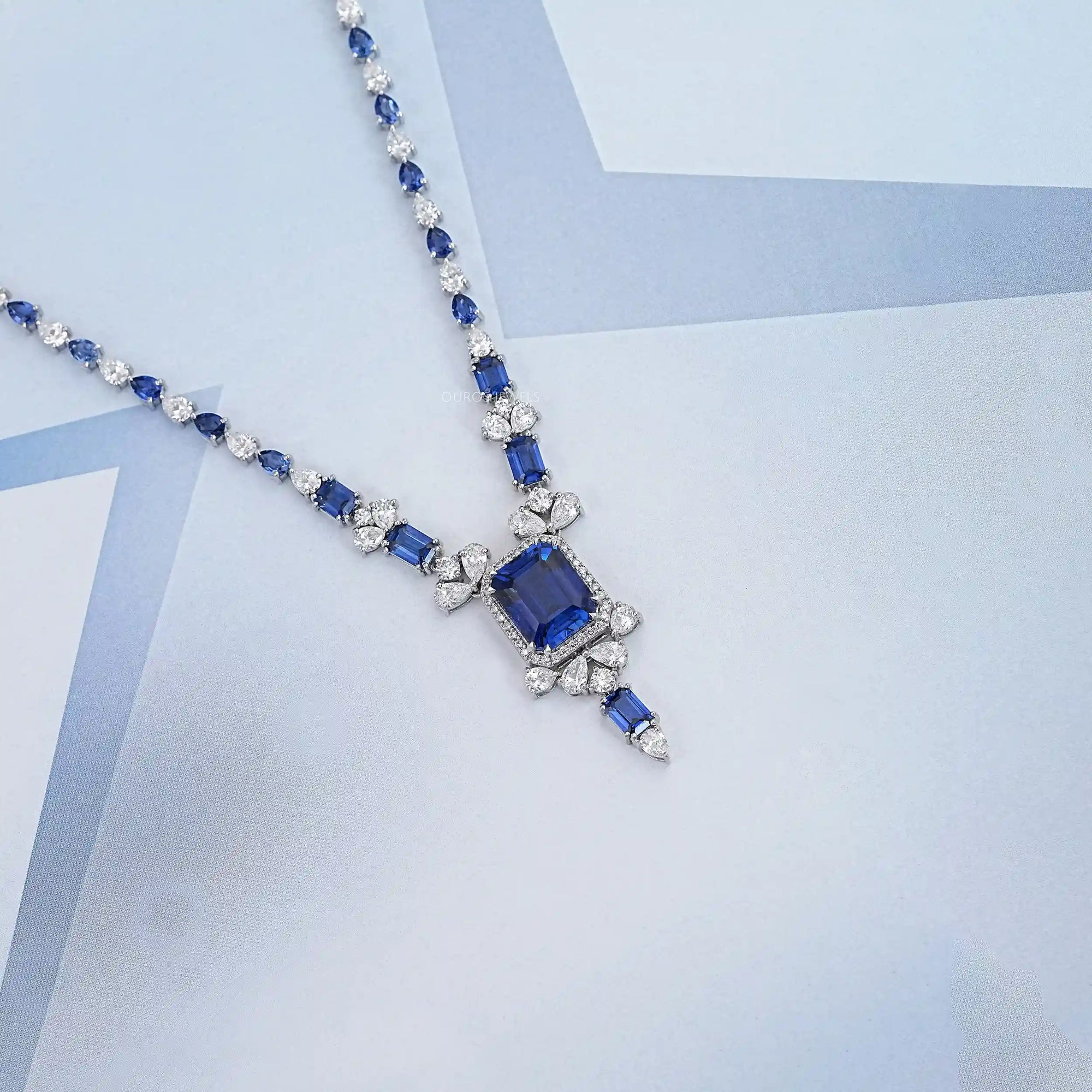Sapphire Emerald Cut And Diamond Necklace Necklaces
