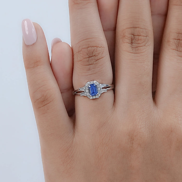 Sapphire Emerald Gemstone Halo Split Shank Ring