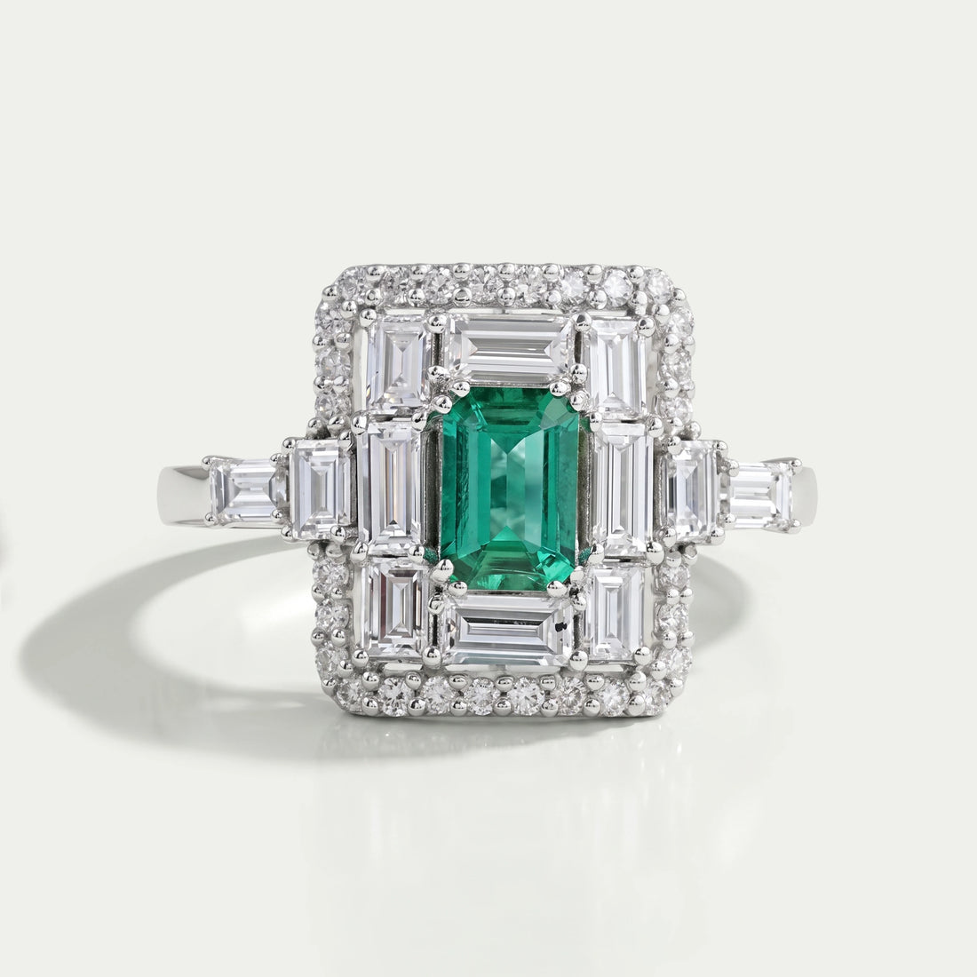 Baguette And Round Halo Diamond Gemstone Ring Ring