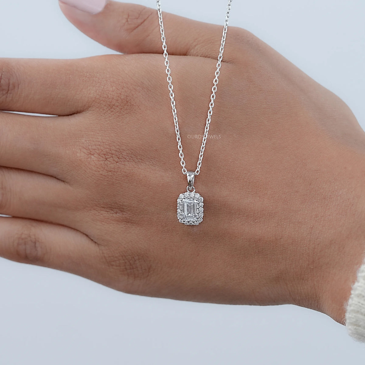 Emerald Cut Lab Grown Diamond Halo Pendant Necklaces