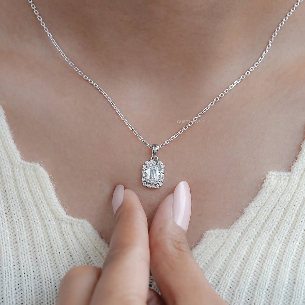 Emerald Cut Lab Grown Diamond Halo Pendant Necklaces