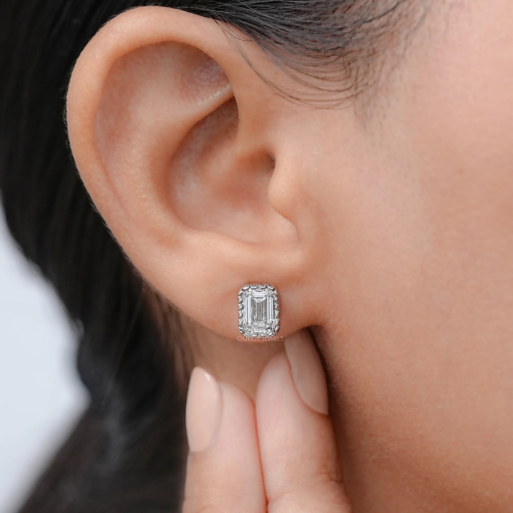 Emerald Cut Lab Diamond Milgrain Set Stud Earrings Earrings