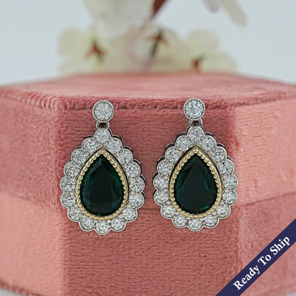 Green Pear Gemstone And Lab Diamond Halo Drop Earrings Earrings
