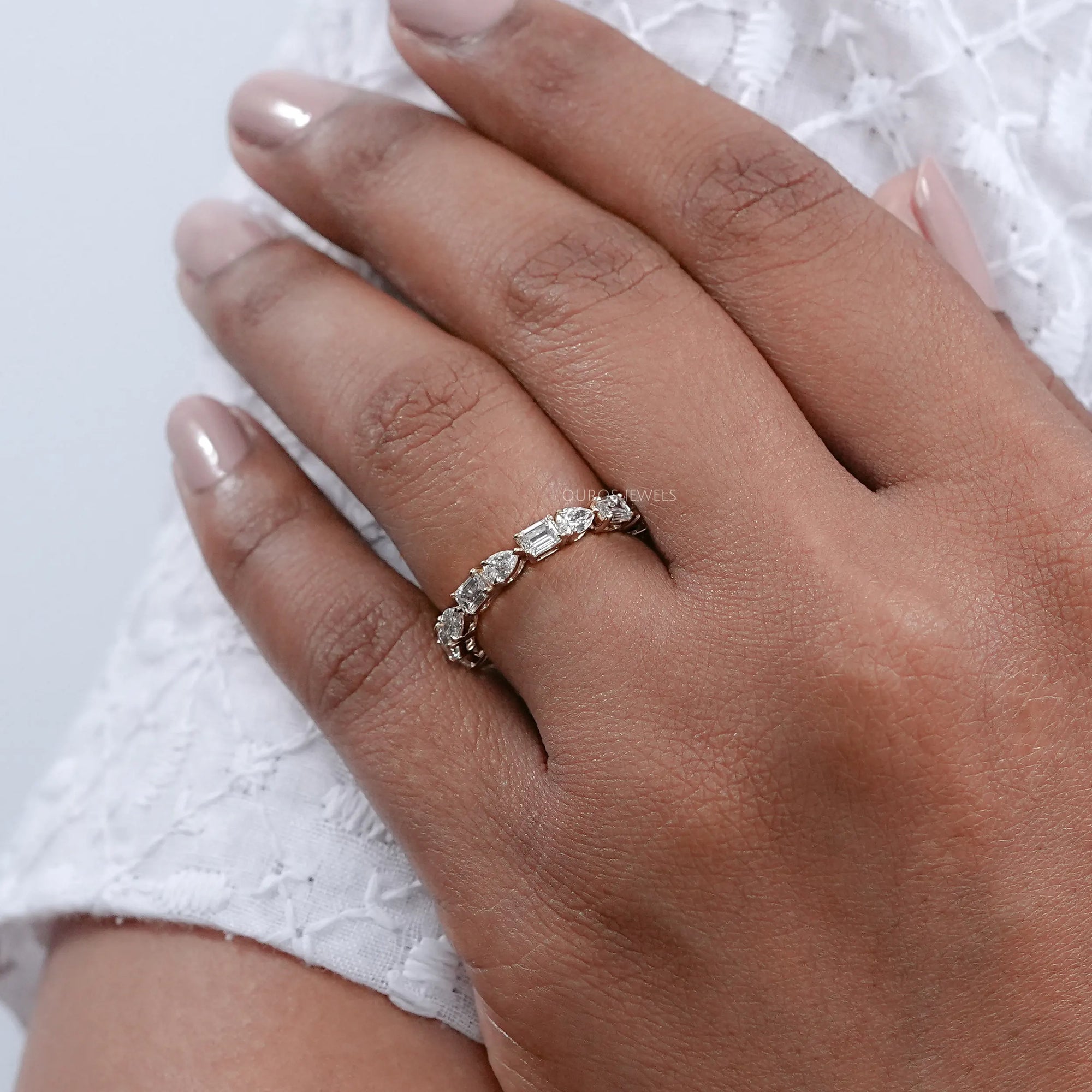 East West Pear And Emerald Diamond Eternity Wedding Band