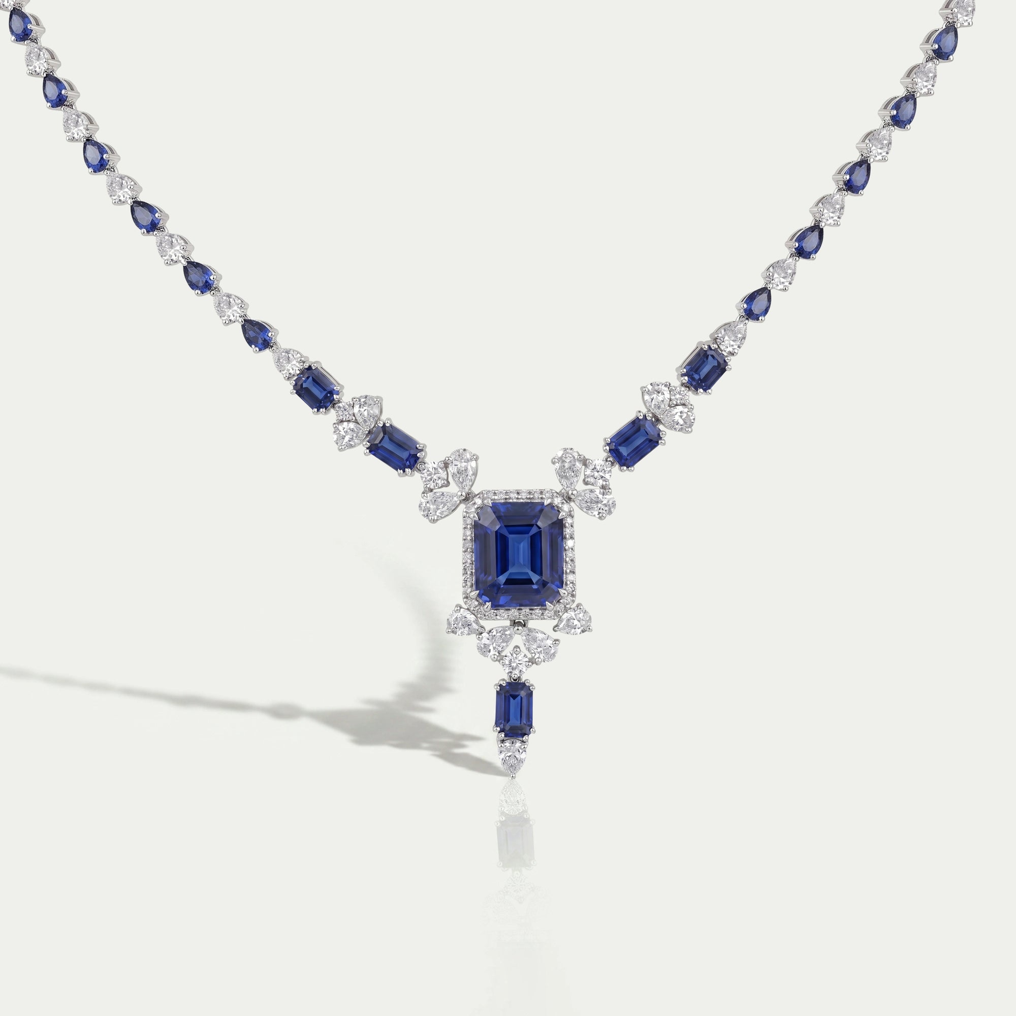 Sapphire Emerald Cut And Diamond Necklace 