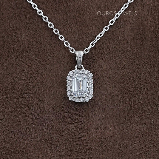 Emerald Cut Lab Grown Diamond Halo Pendant Necklaces