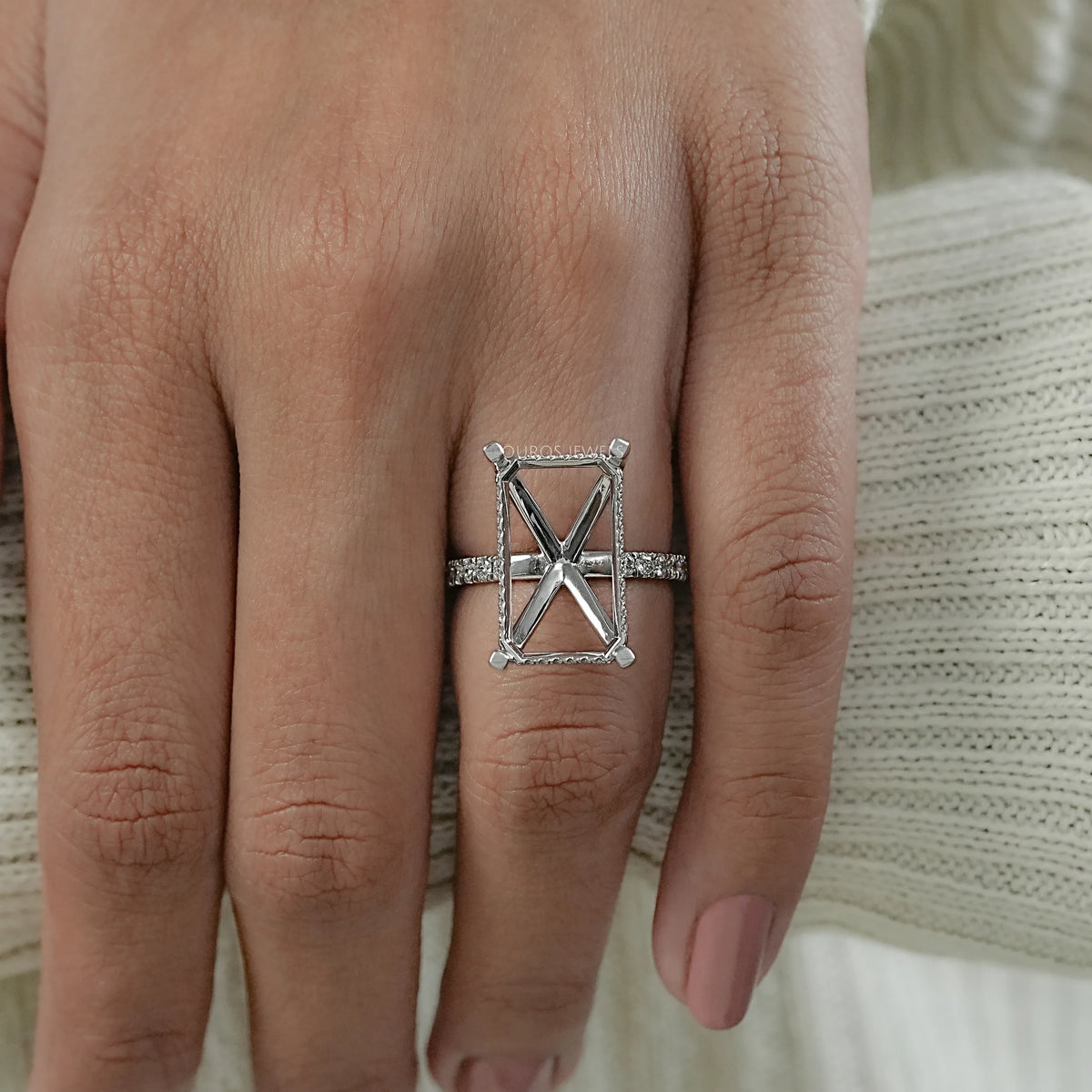 Emerald Shape Hidden Halo Semi Mount Ring Ring