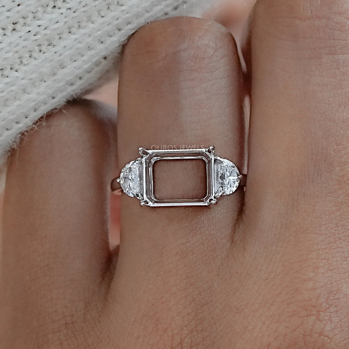 Emerald Shape And Half Moon Diamond Semi Mount Ring