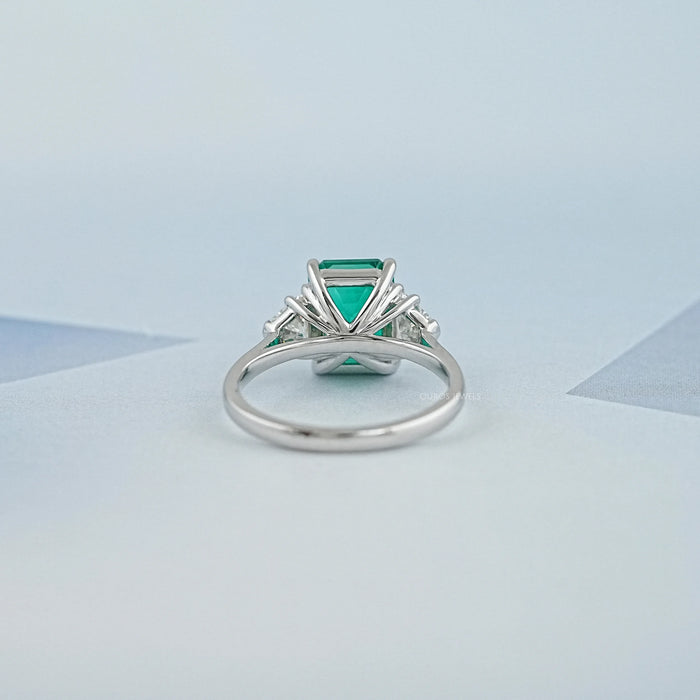 Green Emerald  With Antique Diamond Three Stone Ring