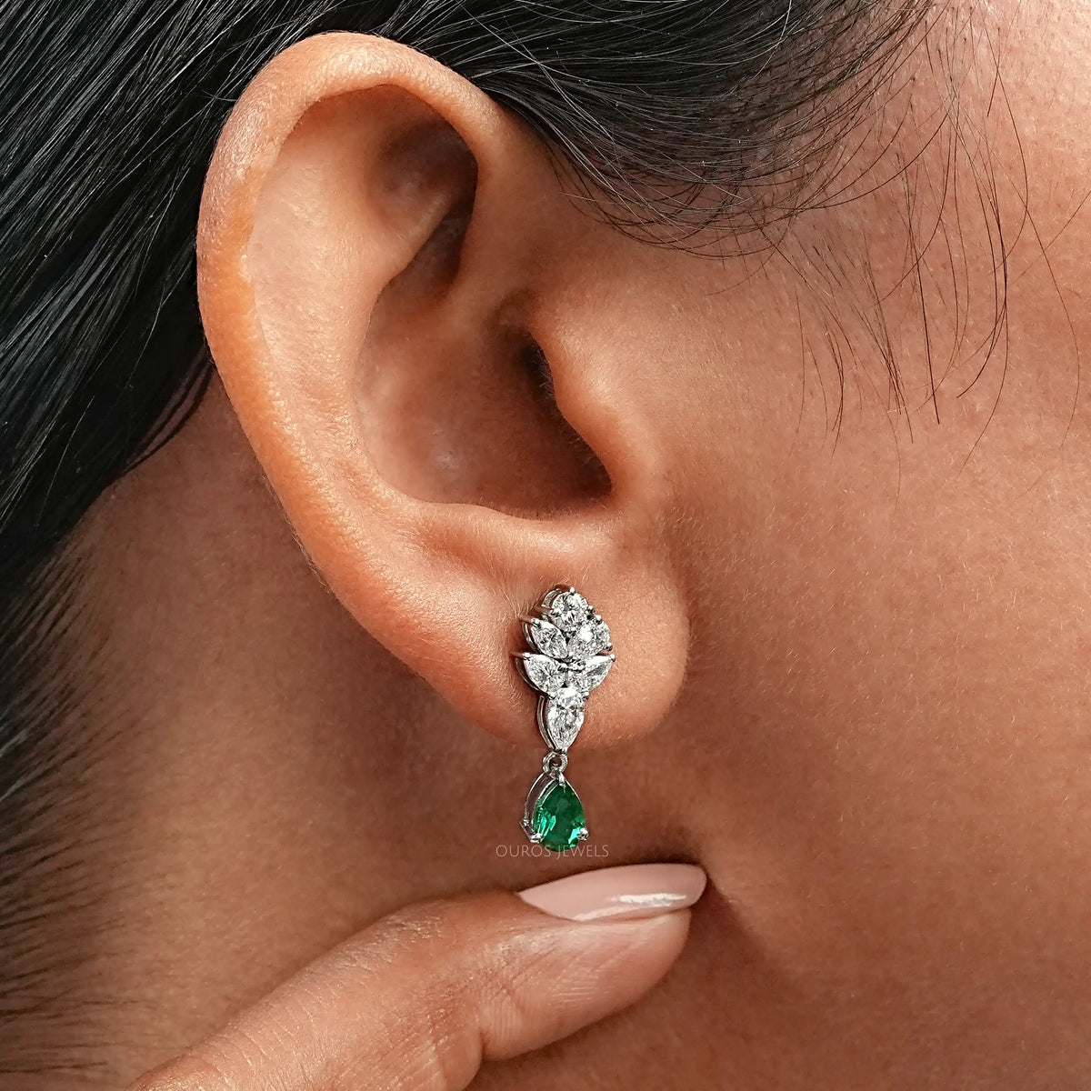 Emerald With Diamond Cluster Pear Drop Earrings Earring