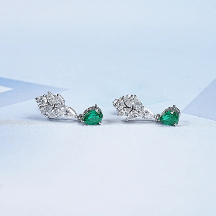 Emerald  With Diamond  Cluster  Pear Drop Earrings