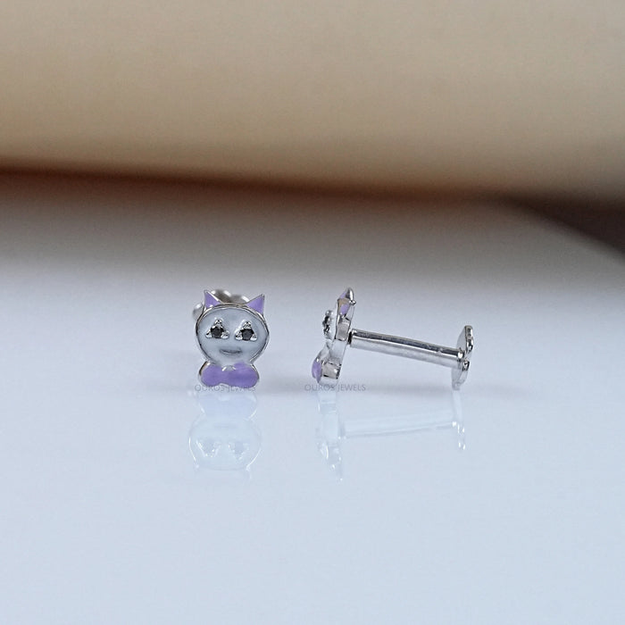 Enamel Cat Shape Black Diamond Stud Earrings