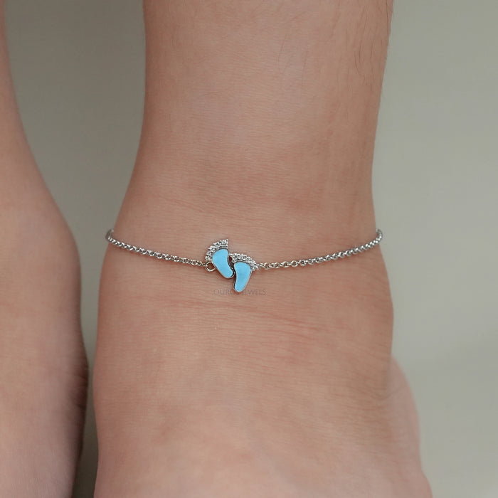 Enamel Blue Baby Foot  Print Round Diamond Anklet