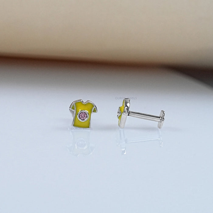 Pink Lab Diamond Yellow Enamel T shirt Stud For Kids