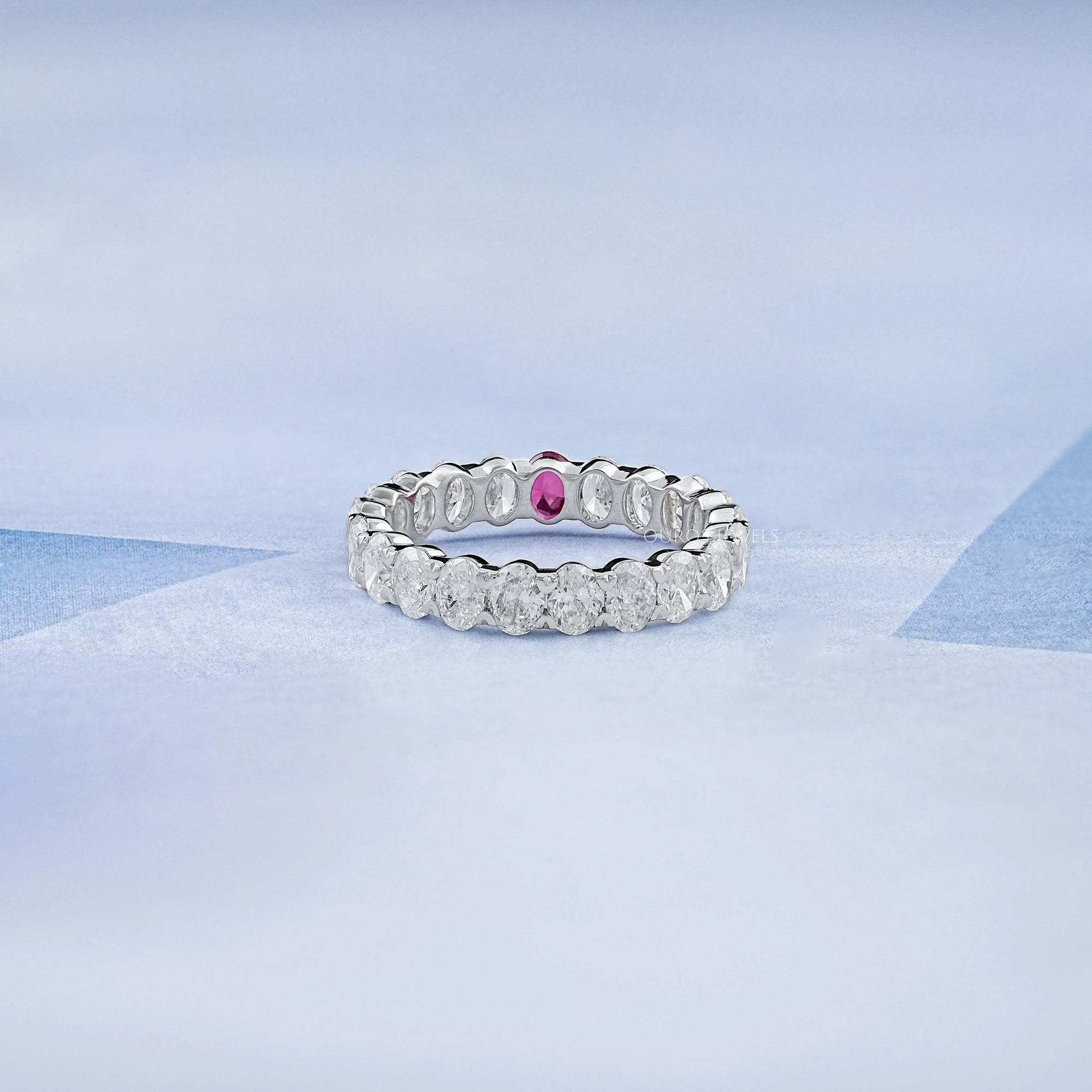 Red Oval Gemstone Eternity Wedding Band Rings