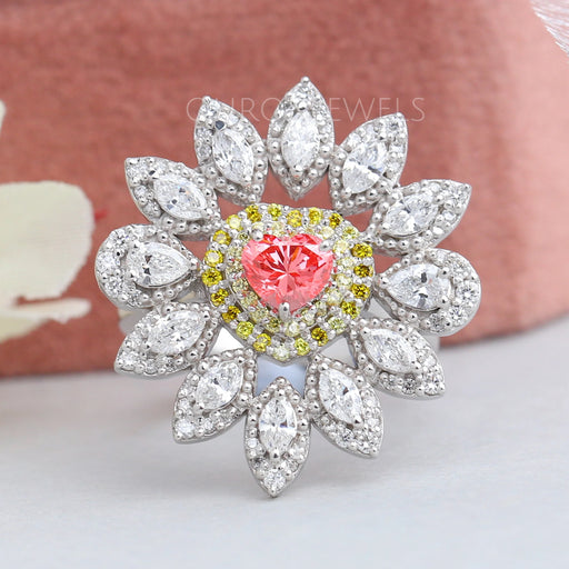 pink heart cut lab diamond floral halo engagement ring's front view