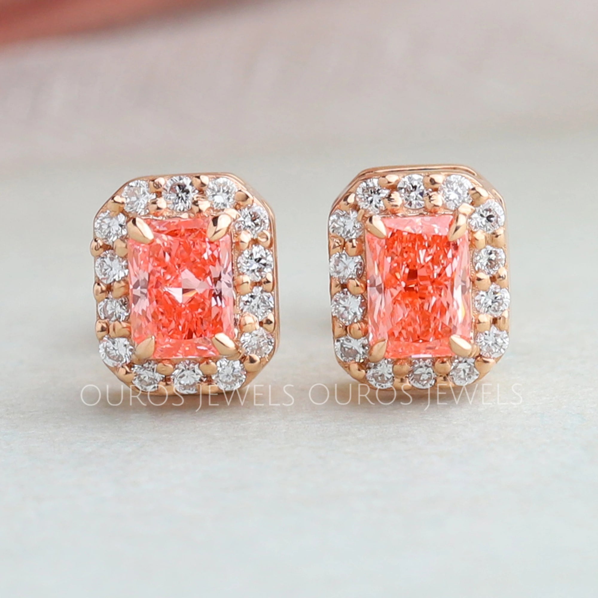 Pink Radiant Cut Halo Stud Earrings Earring