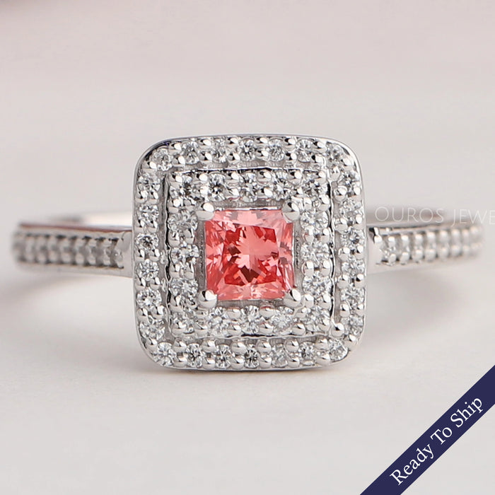 Pink Princess Cut Double Halo Engagement Ring