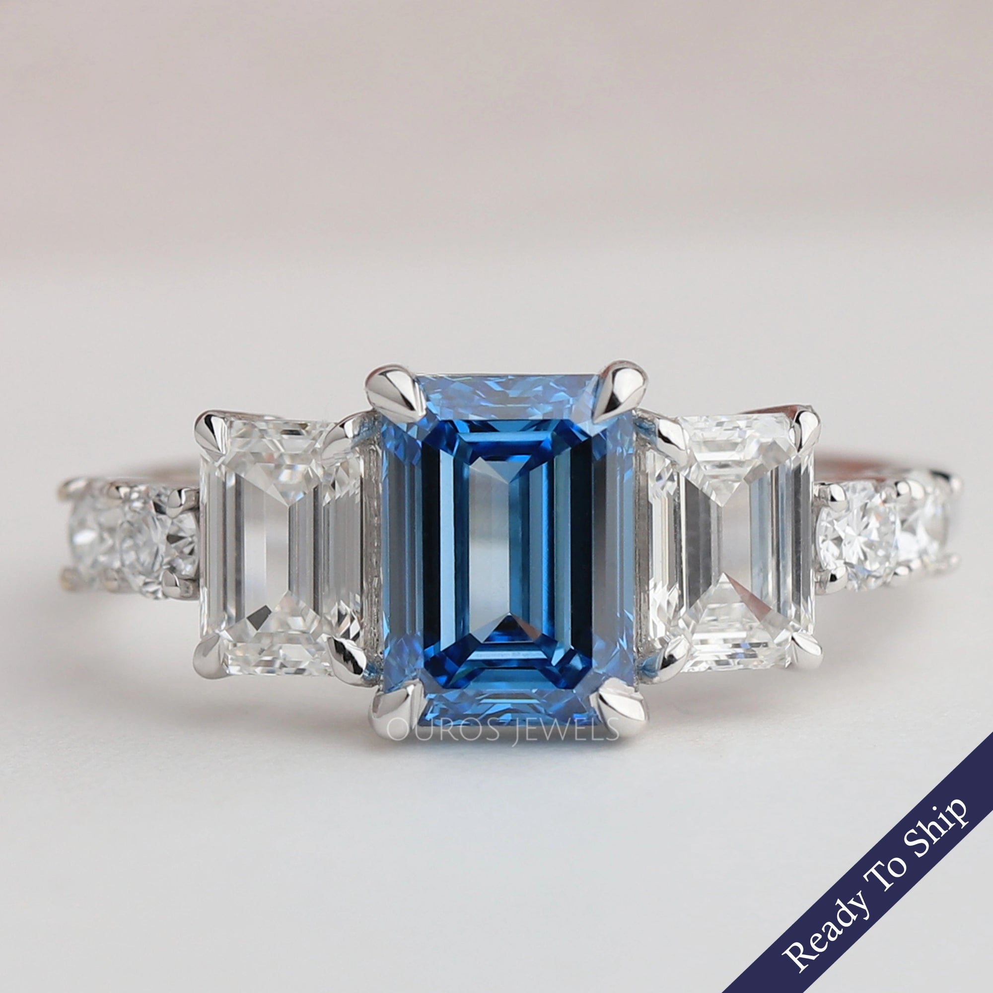 Blue Emerald Cut Lab Diamond Engagement Ring
