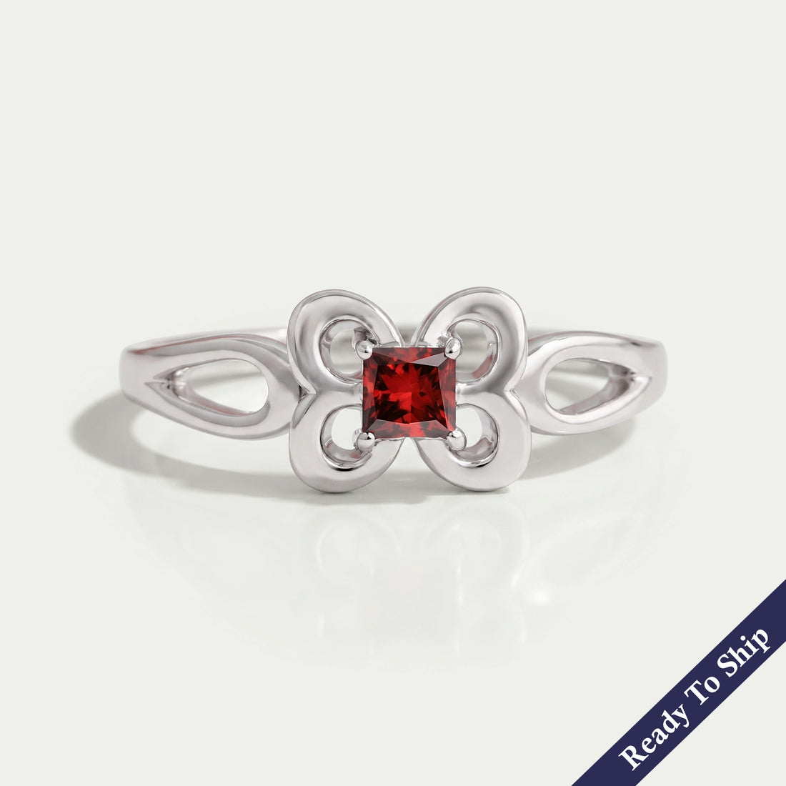 Red Princess Cut Butterfly Shape Dainty Ring