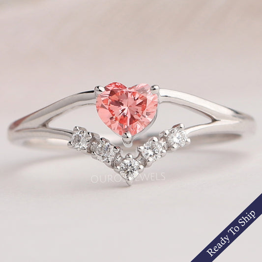 Pink Heart Curved Cluster Diamond Dainty Ring