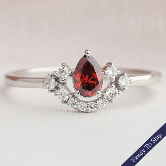 Red Pear Diamond Curved Halo Ring