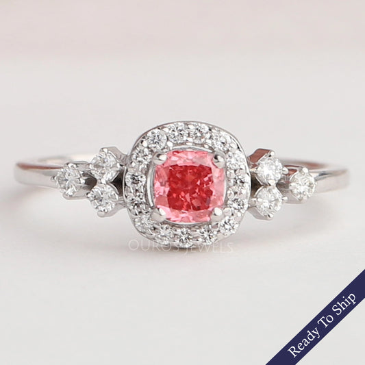 Pink Cushion Cut Halo Diamond Engagement Ring