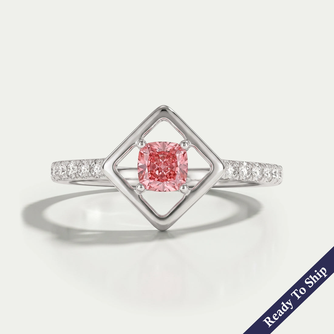 Pink Cushion Cut Solitaire Accent Diamond Ring