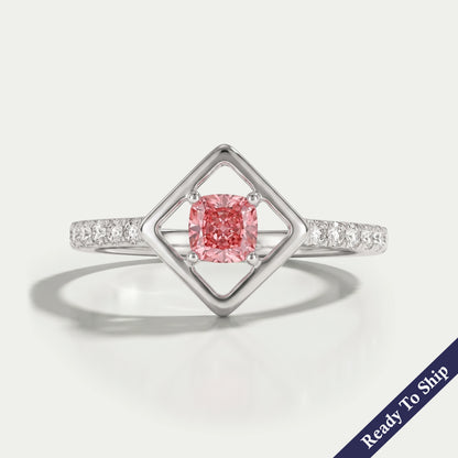 Pink Cushion Cut Solitaire Accent Diamond Ring