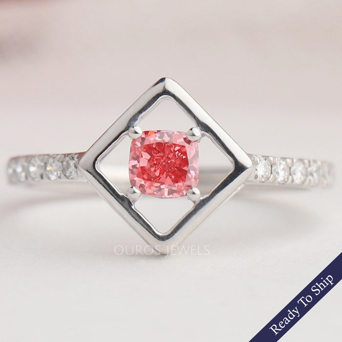 Pink Cushion Cut Solitaire Accent Diamond Ring