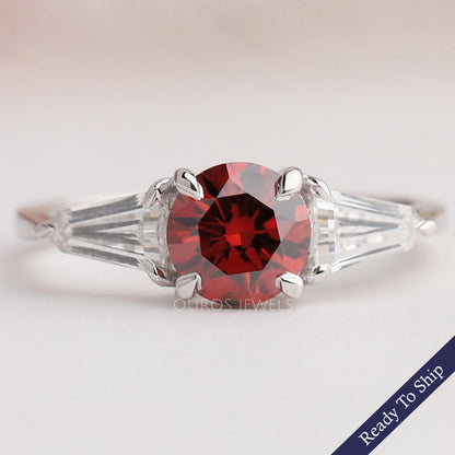 Three Stone Red Round Diamond Engagement Ring