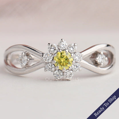 Yellow Round Cut Halo Diamond Anniversary Ring