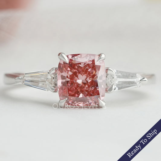 Unique Arrow Cut Pink Cushion Three Stone Engagement Ring