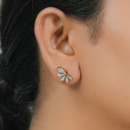 Step Cut Kite Half Bezel Fan Shape Stud Earrings