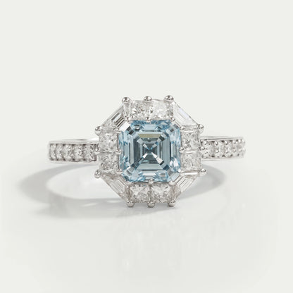 Fancy Blue Asscher Cut Halo With Accent Lab Diamond Ring Rings