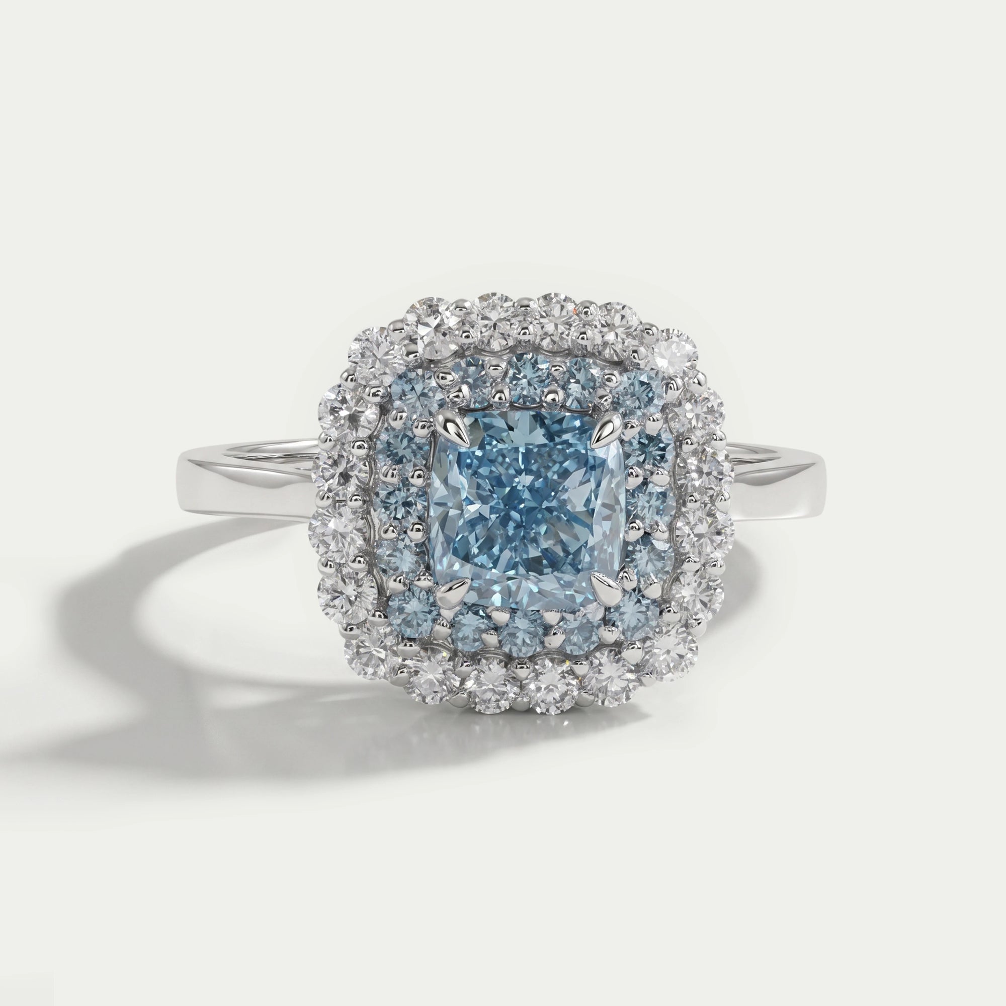 Fancy Blue Cushion Cut Double Halo Lab Diamond Ring Rings
