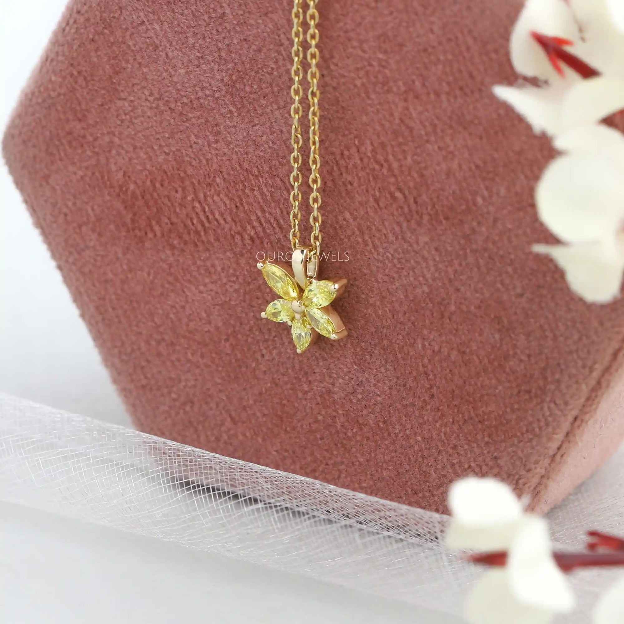 Yellow Marquise Cut Lab Grown Diamond Floral Style Pendant Necklaces