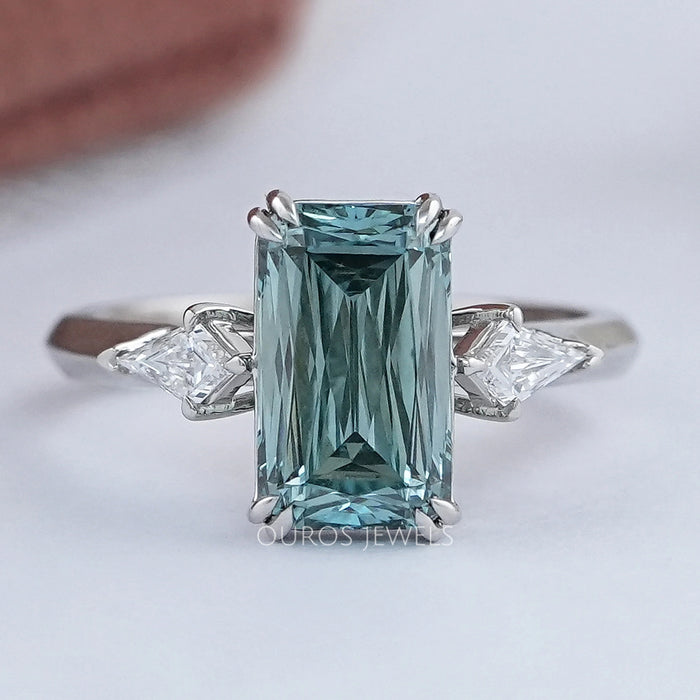 Fancy Green Scissors Cut Three Stone Engagement Ring