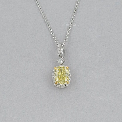 Fancy Intense Yellow Cushion Diamond Halo Pendant Necklaces