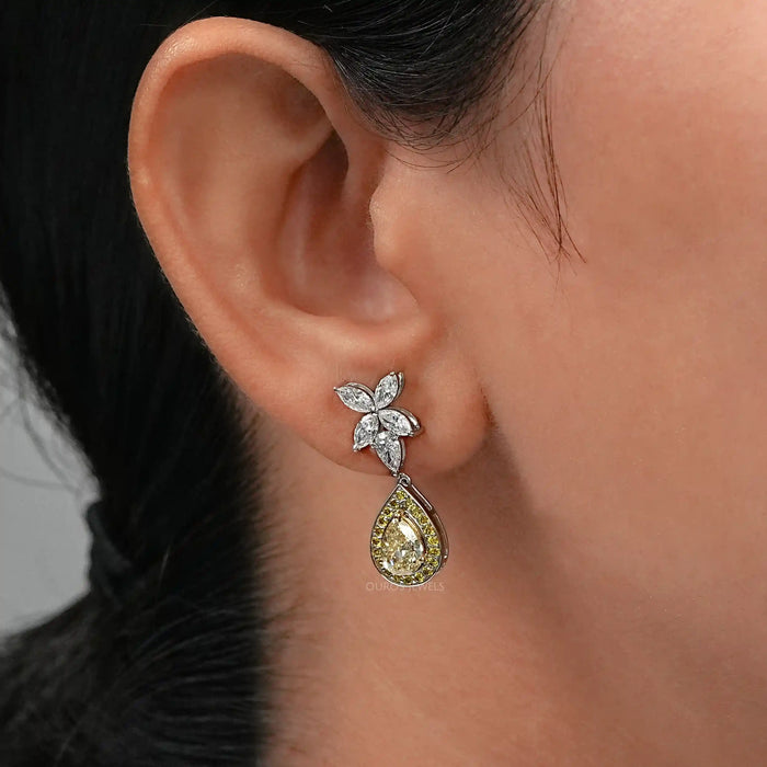 Yellow Pear Diamond Halo Drop Earrings