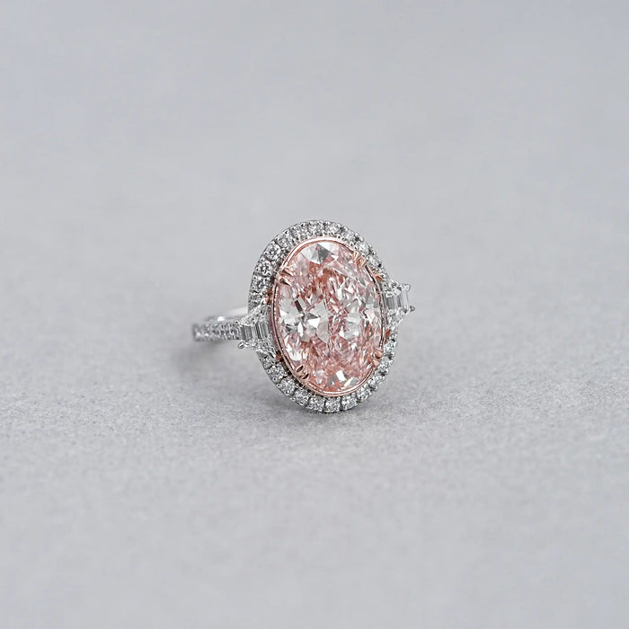 Trapezoid With Pink Oval Accent Halo Diamond Ring