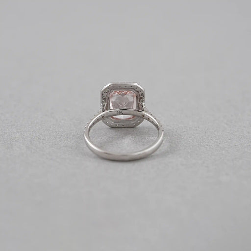 back view of fancy pink radiant cut diamond halo engagement ring